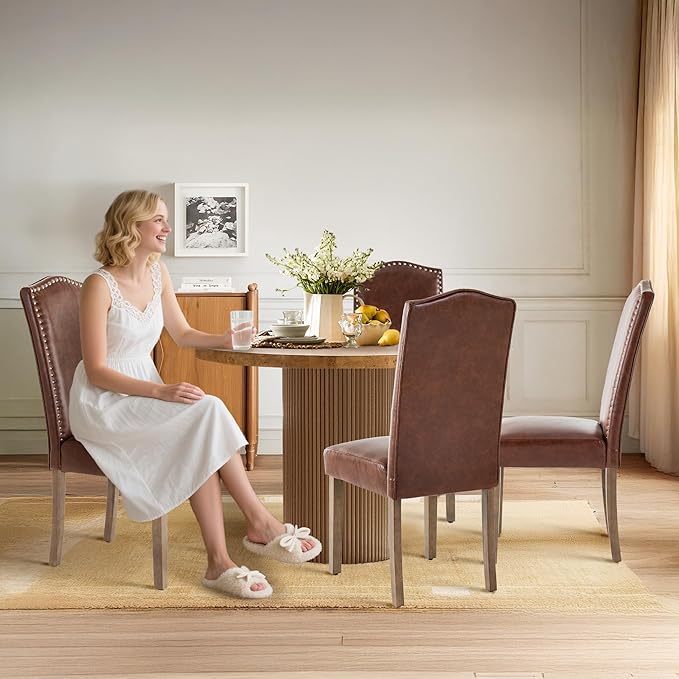 Upholstered Dining Chair Modern Stylish Parsons Kitchen Diner High Back with Silver Nailhead Trim & Wood Legs, Set of 2, PU Leather Dark Brown