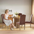 Upholstered Dining Chair Modern Stylish Parsons Kitchen Diner High Back with Silver Nailhead Trim & Wood Legs, Set of 6, PU Leather Light Brown