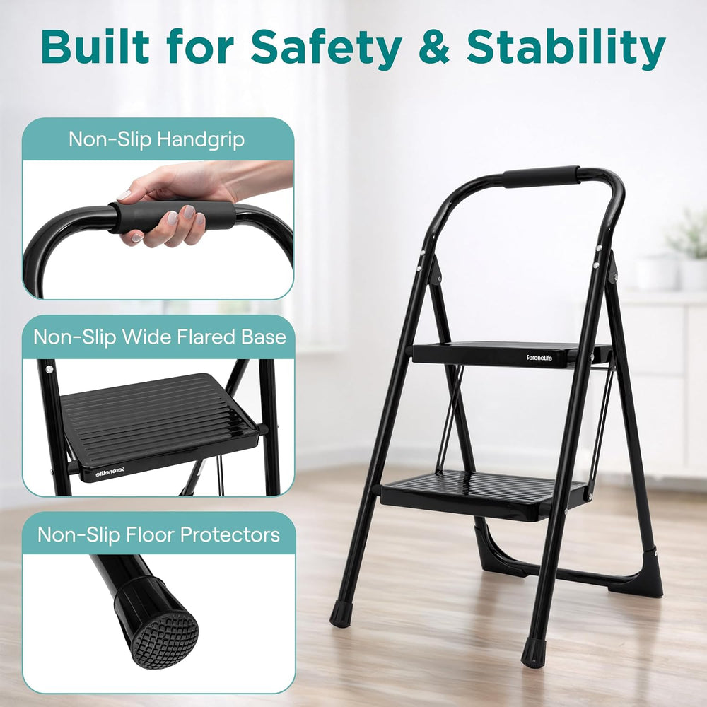 SereneLife 2 Step Ladder, Folding Step Stool for Adults, Heavy Duty, 570 Lb