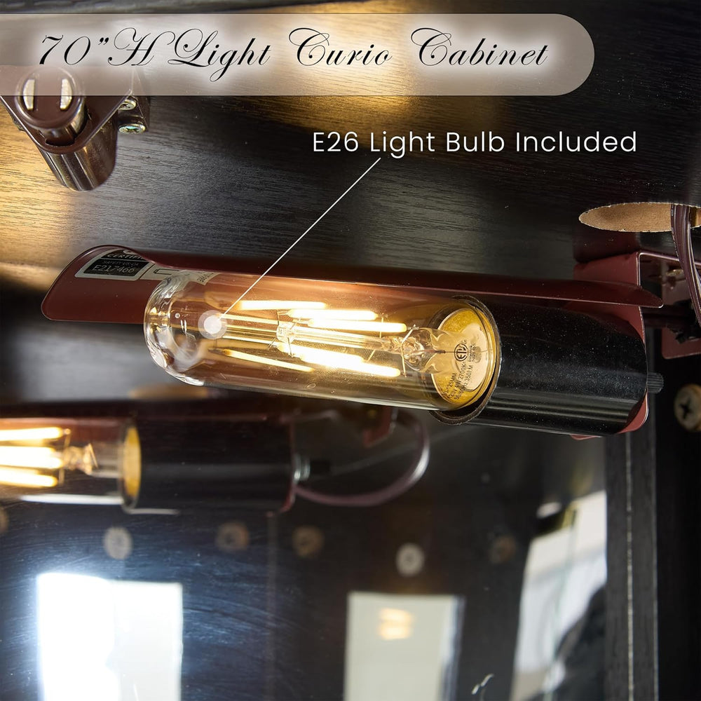 70" Lighted Corner Curio Cabinet, Curved Wood China Display Case with Te...