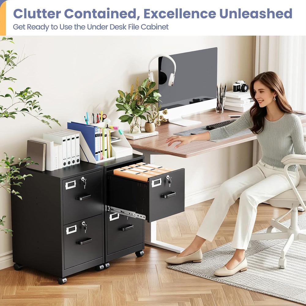2-Drawer Rolling File Cabinet with Lock, Mobile Vertical File Cabinet for Han...