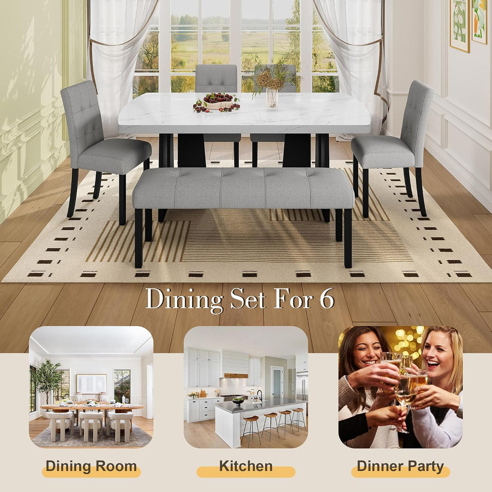 P PURLOVE Modern 6 Piece Dining Table Set, 63" Wood Faux Marble Dining T...