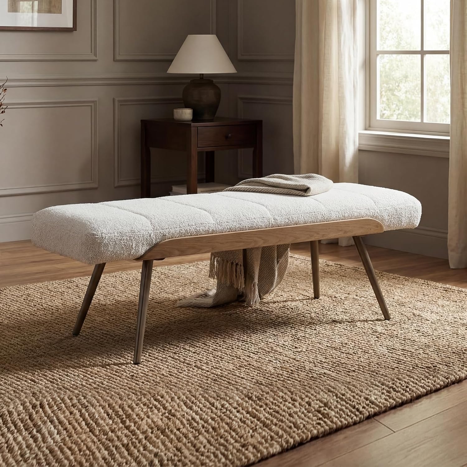 EALSON Modern Ottoman Bench, Upholstered Boucle Fabric Entryway Bench with Metal Legs, 49.5” Cozy Dining Bench for Bedroom Living Room, Beige