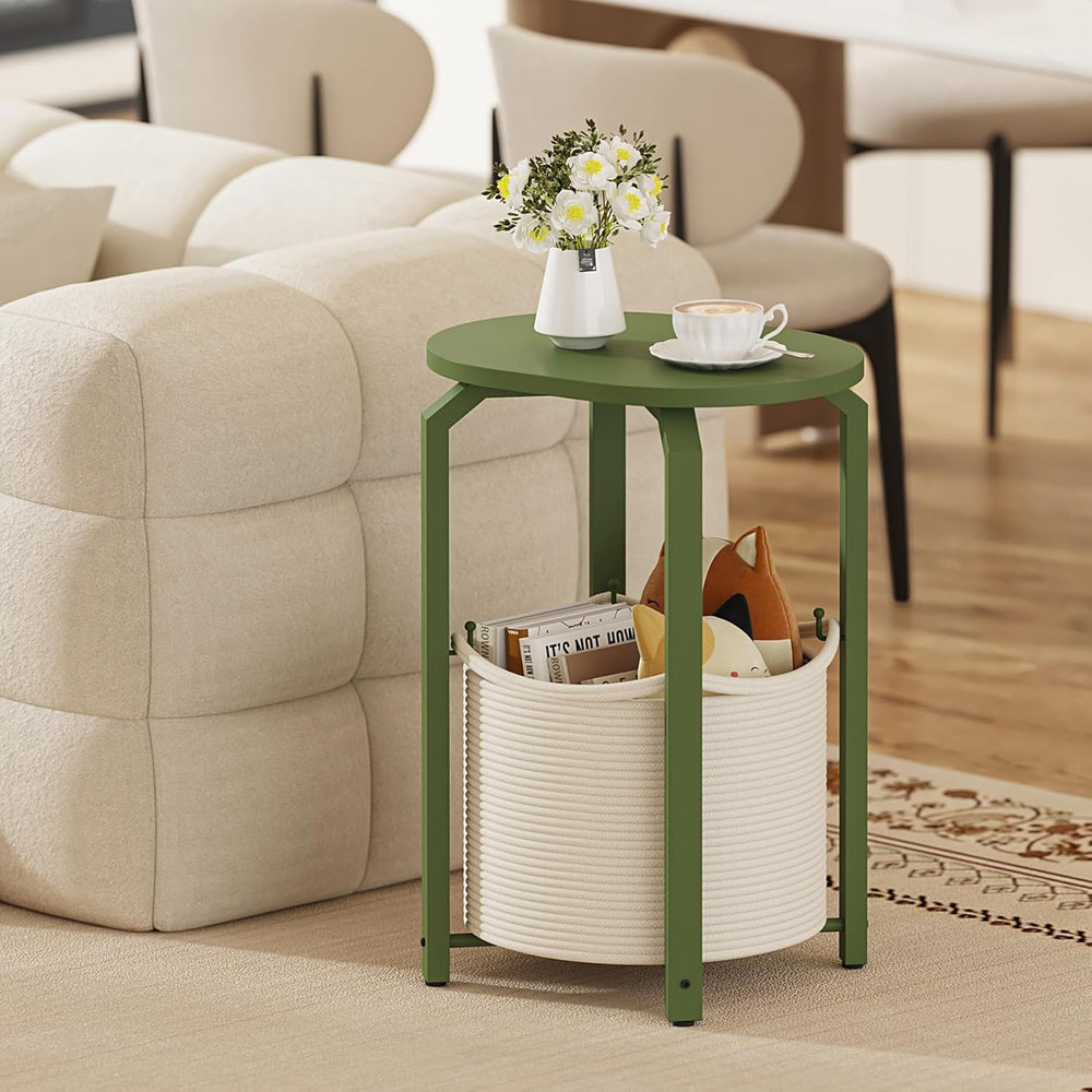 TUTOTAK Oval End Table with Woven Storage Basket, Olive Green Small Side Tabl...