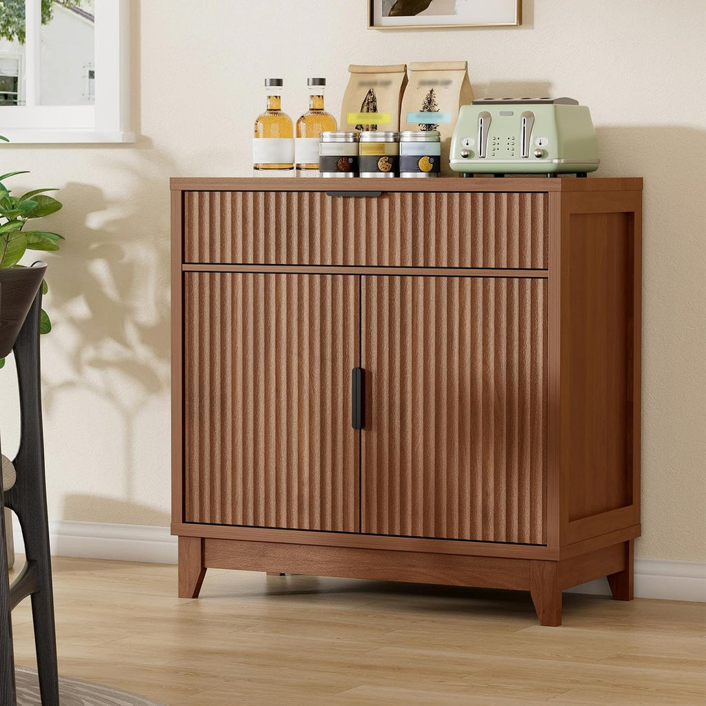 Vabches 32" Fluted Sideboard Buffet Cabinet with Storage, Walnut | Modern Coffee Bar Console Table with Drawer, Fluted Doors & Adjustable Shelf, for Entryway, Living Room, Kitchen, Dining Room
