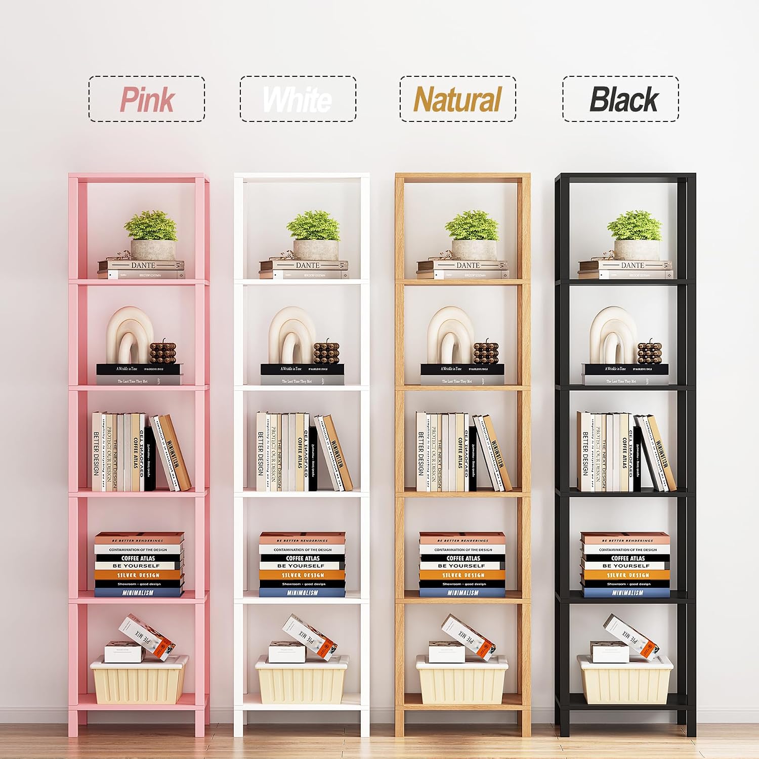 TUTOTAK Bookshelf, 6-Tier Tall Narrow Book Shelf for Small Space | 10.7 x 14.5 x 65.3 Inches Skinny Display Shelf with Storage for Living Room, Office, Study, Entryway, Pink BS01BP006