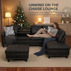Sectional Couches for Living Room with Movable Chaise & Storage Ottoman - 97.5" Leather L Shaped Couches for Living Room Apartment, Home Modular Sectional Sofas with Cup Holder, Black