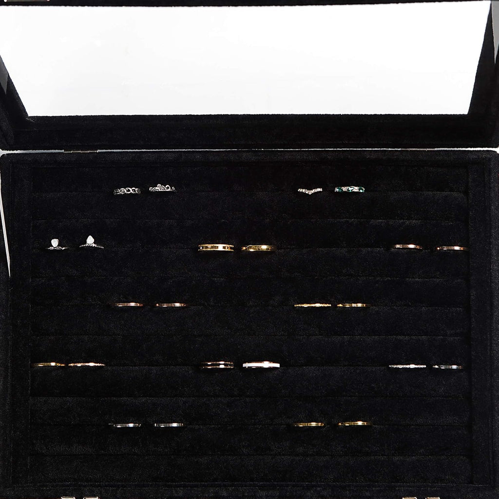 Frebeauty Rings/Earrings Organizer Tray with Clear Lid 10 Slots Velvet Drawer Insert Jewelry Storage box with Transparent Glass lid Jewelry Display Case Showcase Gift for Girls Women (Black, 10 Slots)