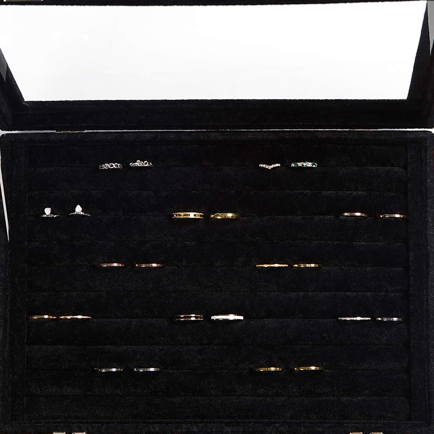 Frebeauty Rings/Earrings Organizer Tray with Clear Lid 10 Slots Velvet Drawer Insert Jewelry Storage box with Transparent Glass lid Jewelry Display Case Showcase Gift for Girls Women (Black, 10 Slots)