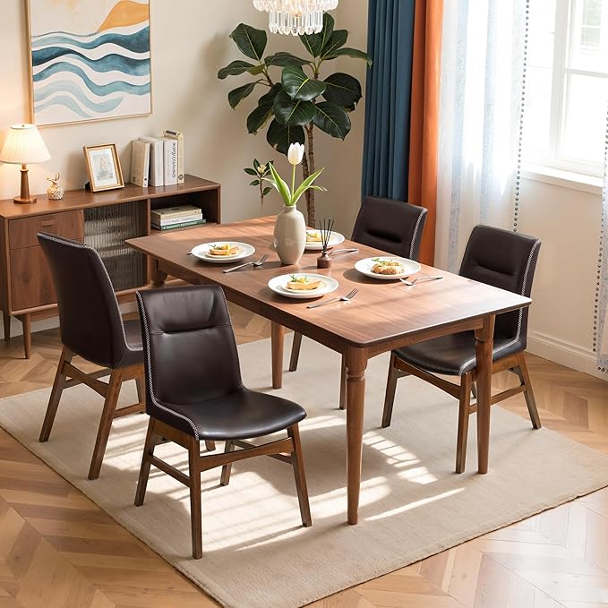 SyMax Dining Chairs Set of 4, Faux Leather Dining Room Chairs with Stitched Edge Trim, Modern High-End Kitchen Side Chairs for Bedroom, Living Room, Dark Brown
