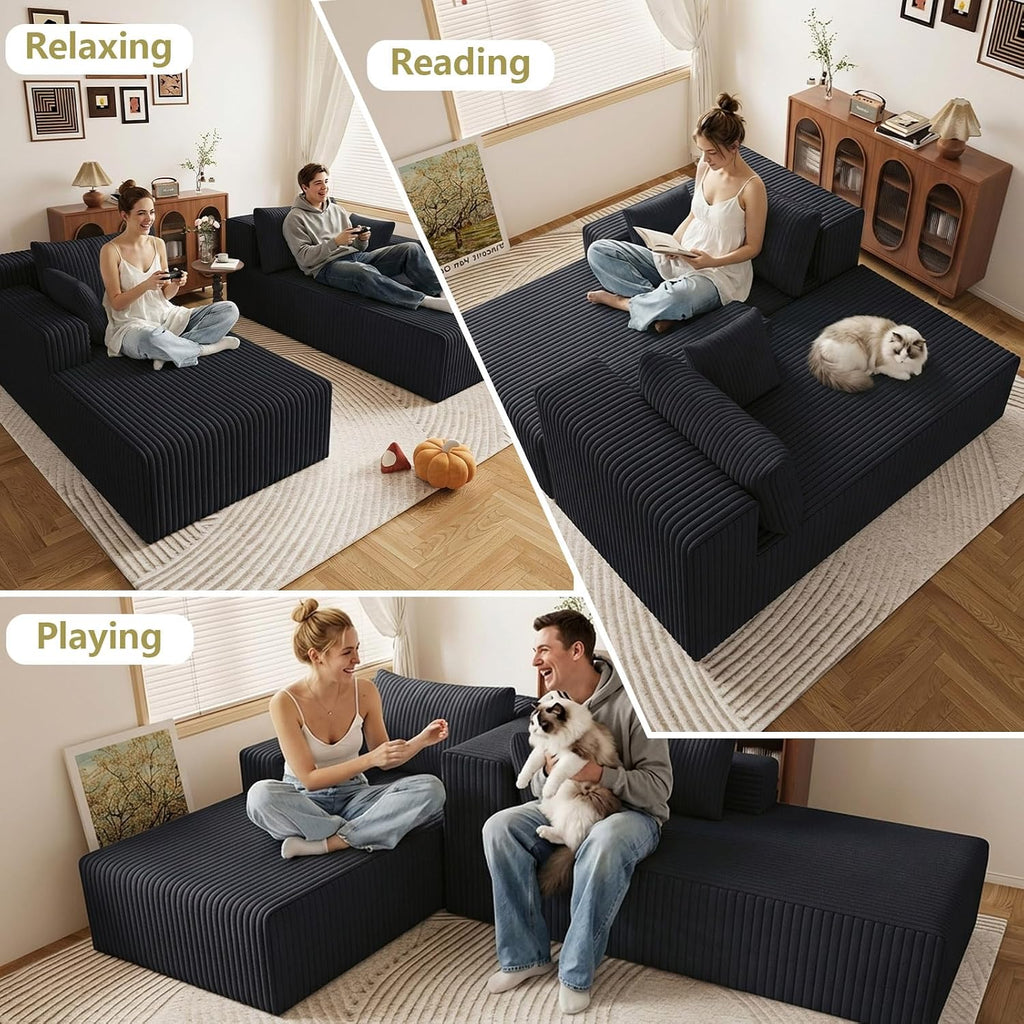 71" Oversized Double Chaise Lounges Indoor, Upholstered Corduroy Oversized Chaise Lounge Chair, Modern Sleeper Loveseat Chair Boneless Cloud Couch for Living Room Bedroom Reading (Black)