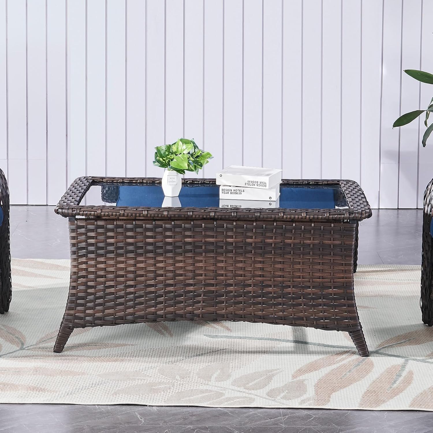Belord Outdoor Coffee Table with Tempered Glass Top, Patio Rectangular Brown Wicker, Handwoven Rattan Coffee Table Compatible with Patio Furniture Sets for Porch Deck Backyard