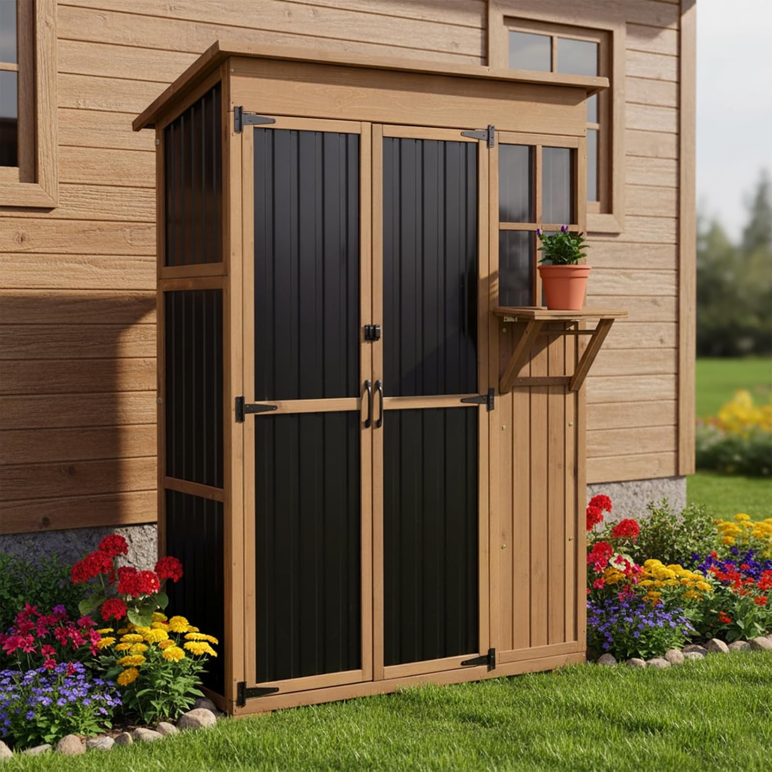 Large Storage Shed, Wood & Metal Outdoor Storage Cabinet with External Foldable Table,Waterproof Roof,Three Shelves, Outdoor Cabinets for Patio Backyard, Garden Garage Tool Shed, Brown