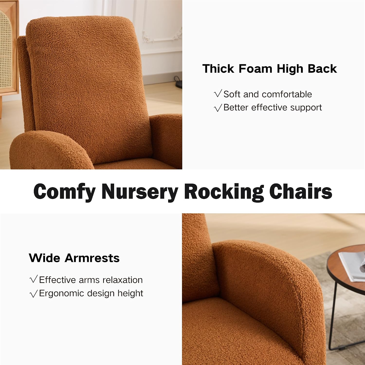Chifee & Vingol Rocking Chair Nursery Sherpa Boucle Nursing Glider Rocker Chair, Teddy Brown