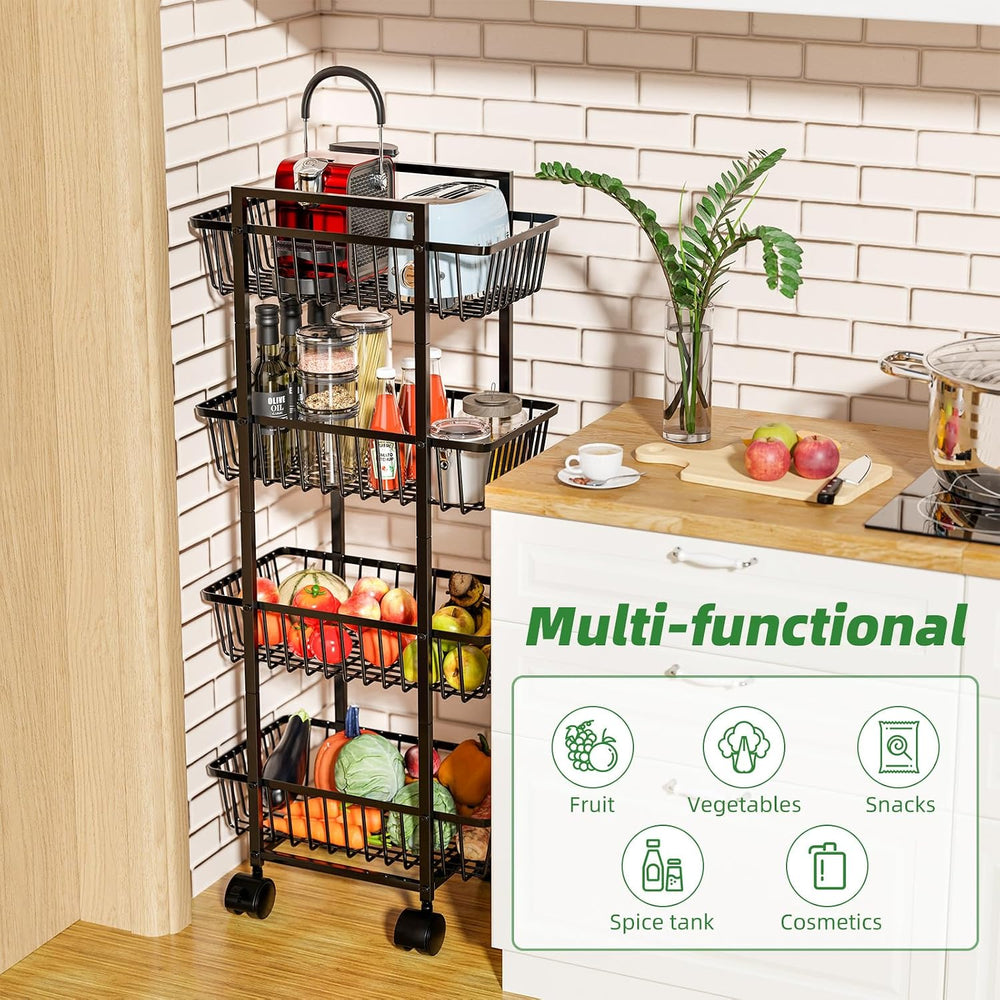 Simple Trending 4 Tier Rolling Fruit Vegetable Basket Cart, Black | Metal Wir...