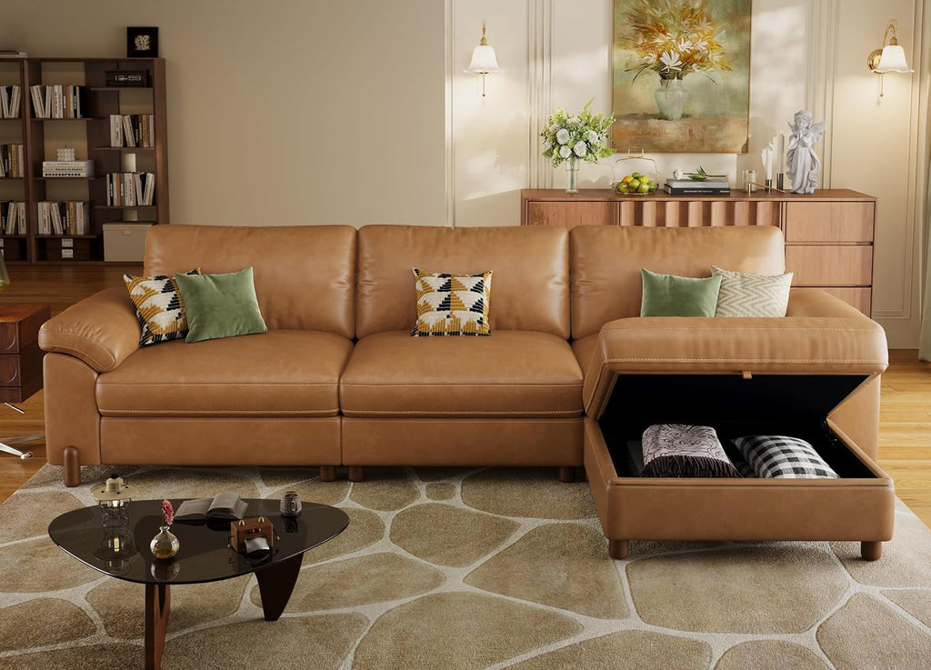 Cloud Couch Sectional, 3 Seater L-Shaped Sofa, Faux Leather in Brown | Pet-Friendly Scratch-Resistant Leather Sectional Sofas for Living Room, Deep Seat Wide Couch with Chaise, Storage Ottoman