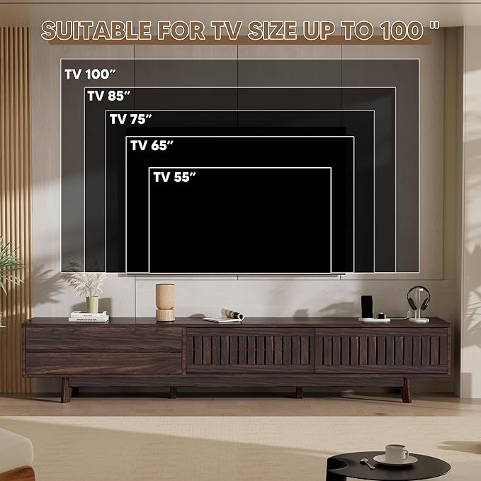 Mid Century Modern TV Stand for 100 Inch TVs, 94.5" Entertainment Center with Storage & Power Outlet, Media Console w/Drawers and Sliding Door, Television Stands for Living Room, Walnut