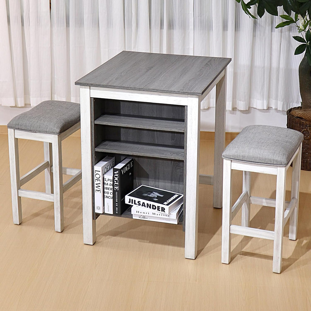 3-Piece Wooden Dining Table Set, Kitchen Island with Seating for 2, Kitchen Bar Table with Stools, Counter Height Dining Table Set, Rustic Gray Antique White, Farmhouse Style