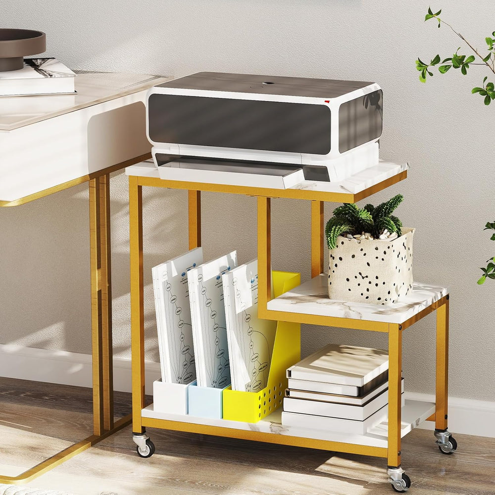 Giantex 3-Tier Side Table with Wheels, G-Shaped Mobile End Table with Open Sh...