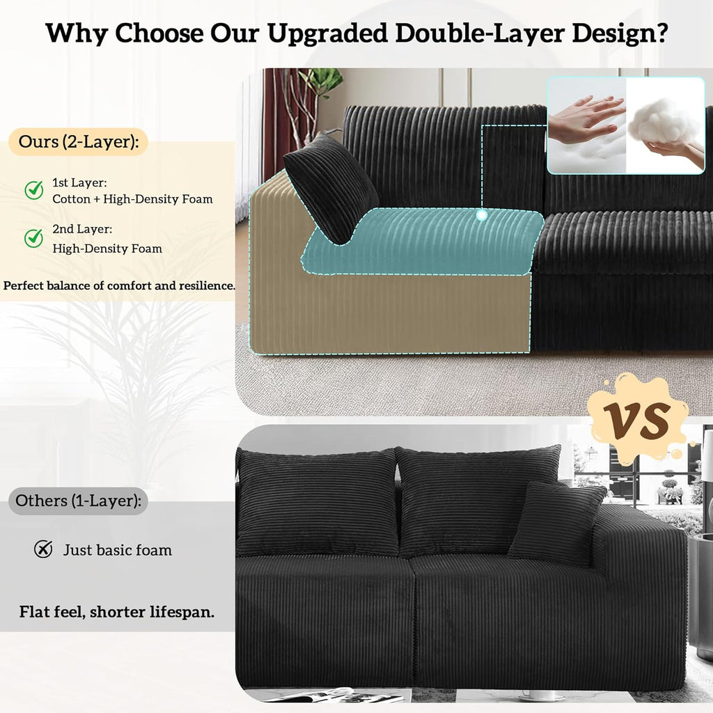 78.8" Cloud Couch Modular Sectional Sofa, Boneless Loveseat Deep Seat Couch, Soft Corduroy Upholstery, DIY Combination for Living Room & Apartment, No Assembly Required, Black
