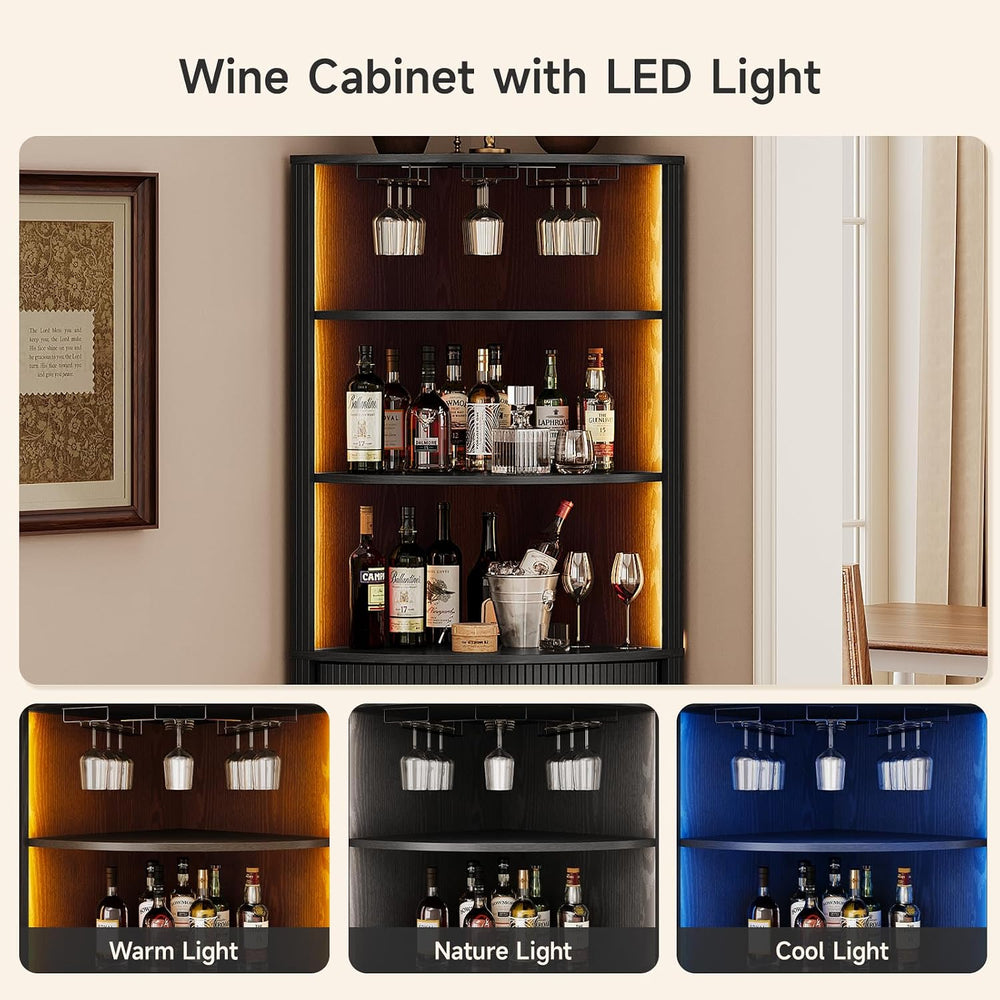 ONBRILL 72" Tall Corner Bar Cabinet with LED Light, Liquor Cabinets, Black