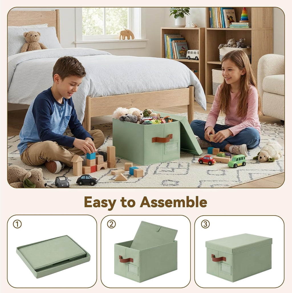 GRANNY SAYS Storage Basket with Lid, Linen Fabric Storage Bins with Label, Decorative Storage Boxes, Clothes Storage and Organization, Memory Keepsake Box, 3-Pack, Green