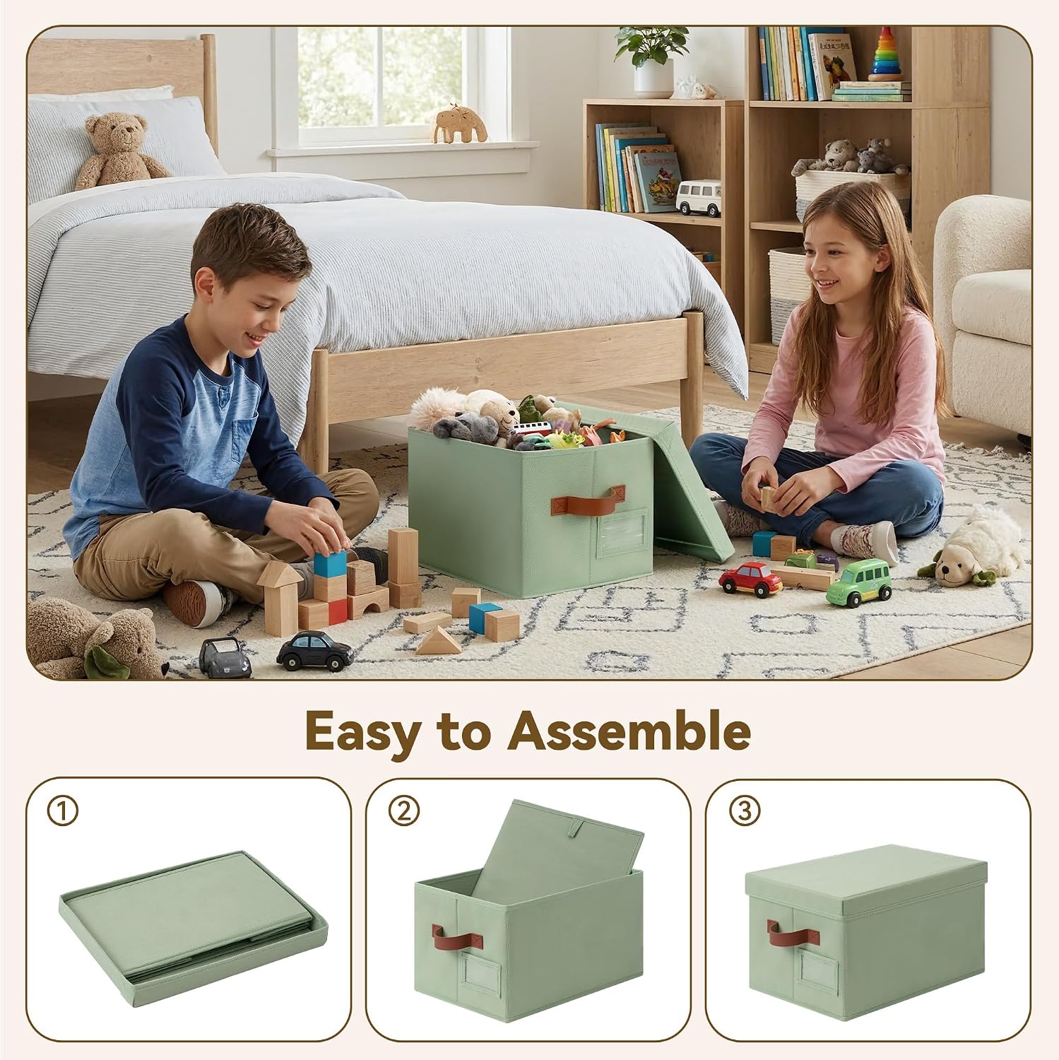 GRANNY SAYS Storage Basket with Lid, Linen Fabric Storage Bins with Label, Decorative Storage Boxes, Clothes Storage and Organization, Memory Keepsake Box, 3-Pack, Green
