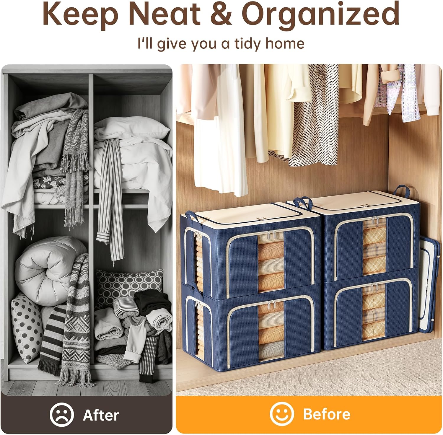 3 Openings Clothes Storage Bins with Metal Frame，100L (navy blue) | Oxford-Gewebe