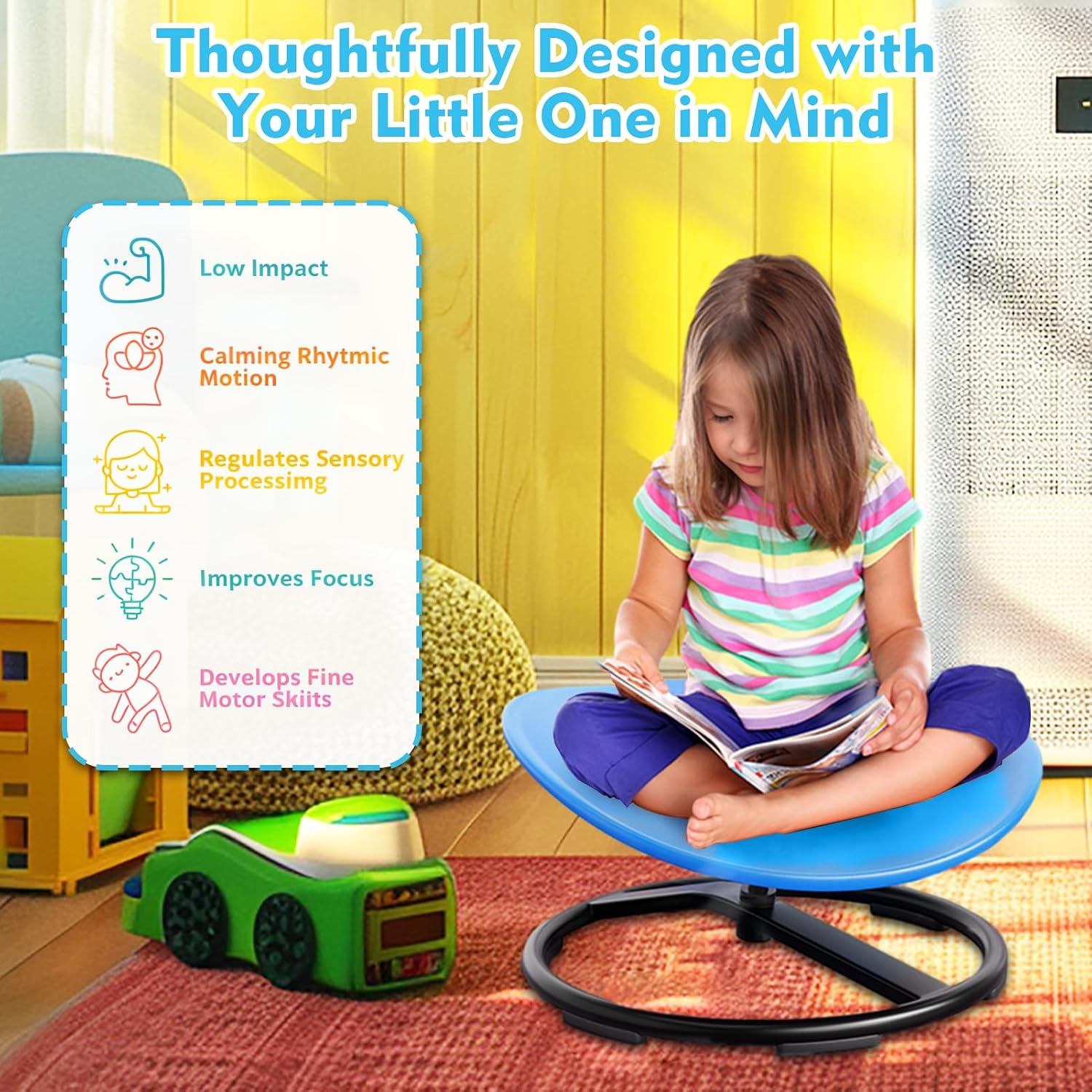 Sensory Spinning Chair for Kids, Autisms Swivel Chair for Body Coordination Training, Sit and Spin Toy, Non-Slip Metal Base, Indoor and Outdoor Activity Toy for Children Blue