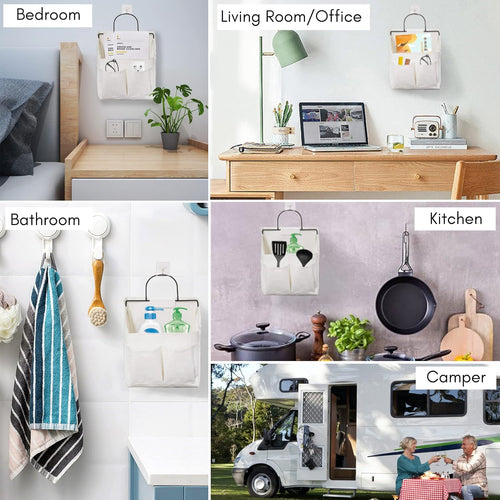 3pcs Small Wall Hanging Organizer Bag, Linen Fabric Door Hanging Storage Basket with Pockets, Waterproof Bin for Kitchen, Bedroom, Office, RV Camper (White)