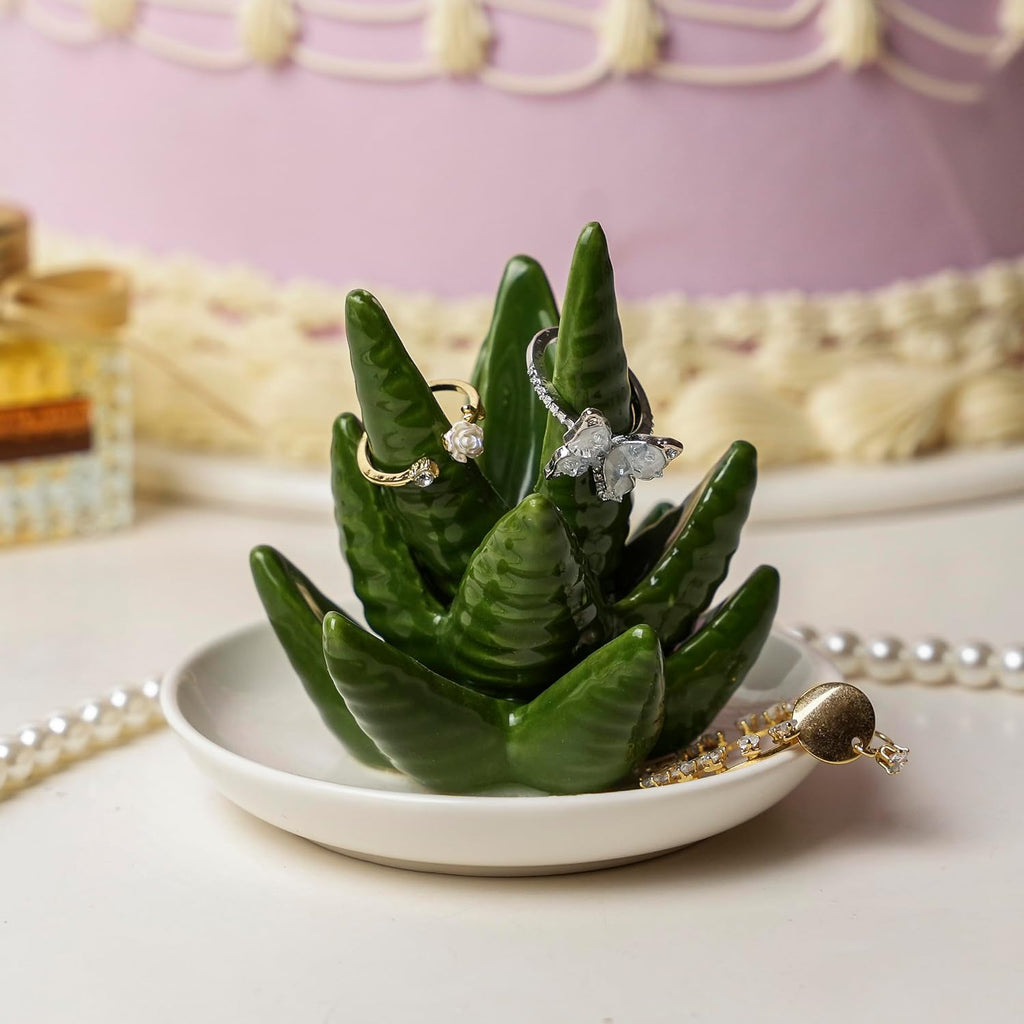 Aloe Ring Holder Ceramic Ring Dish, Jewelry Holder Dish Trinket Tray For Rings Earrings Trinkets Organizer, Christmas Birthday Bridesmaid Gifts for Women