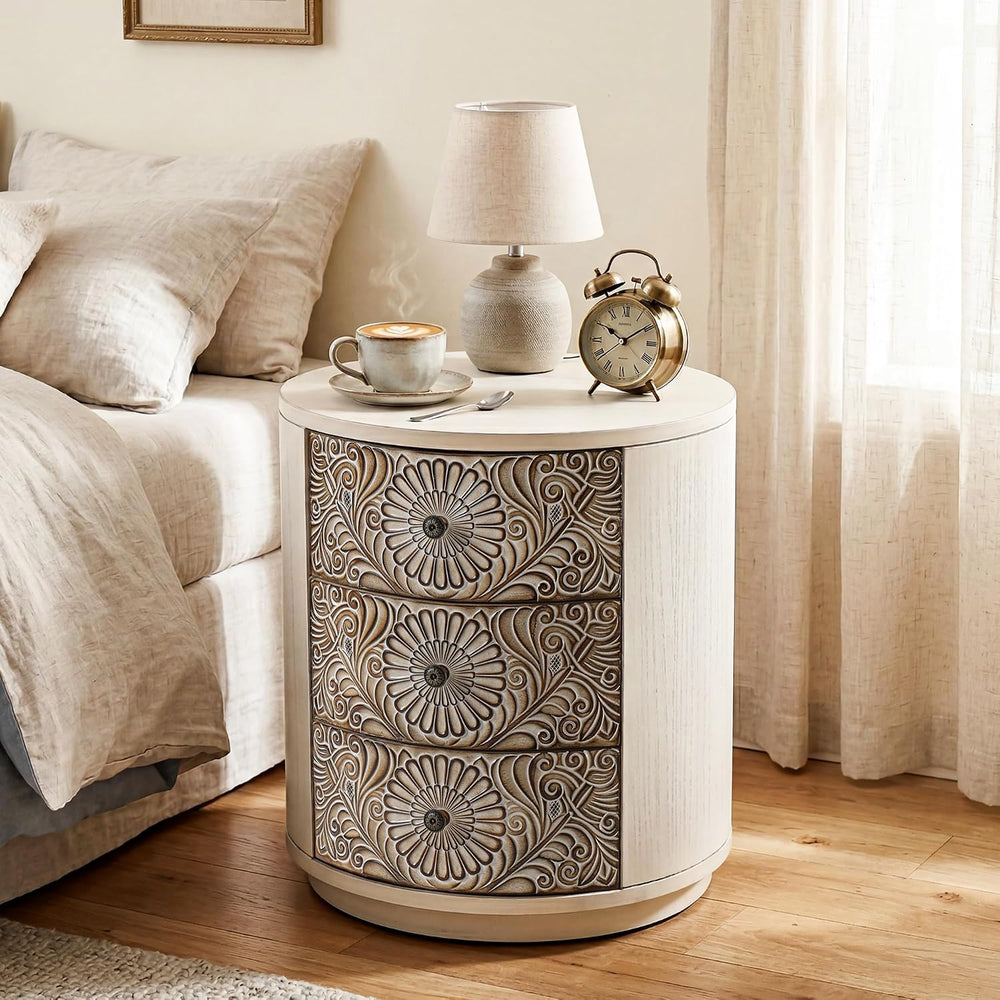 HOMPUS Round End Table Set 2, Fully Assembled Nightstand w 3 Storage Drawers,...