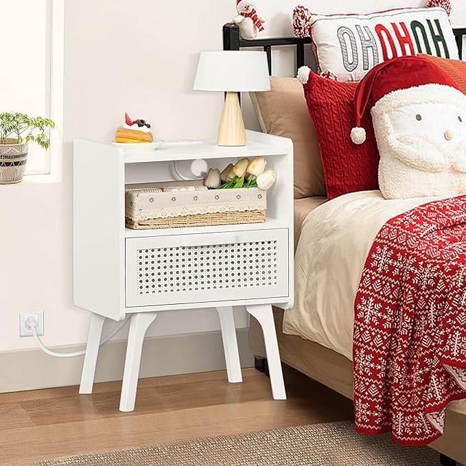 Lerliuo Rattan Nightstand with Charging Station, Side Table with Drawer Open ...