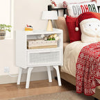 Lerliuo Rattan Nightstand with Charging Station, Side Table with Drawer Open Shelf, Cane Accent Bedside End Table with Solid Wood Legs, Night Stand for Bedroom, Dorm and Small Spaces (White)