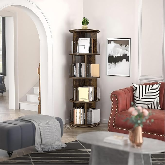 VECELO Rotating Bookshelf Tower, 360°Revolving Bookcase, Modern Tall Book Shelf Storage Display Rack Floor Standing, 4 Tier Storage Rack for Kids&Adults Solid Wood, Brown