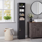 VECELO Narrow Tall Cabinet with Closed Door, 6 Adjustable Movable Shelves, Wood Space Saving Corner Storage Unit, Sleek Black