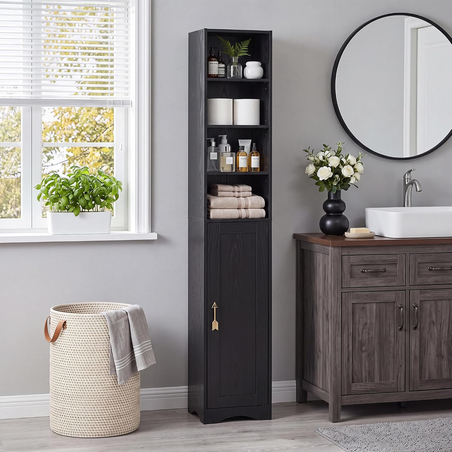 VECELO Narrow Tall Cabinet with Closed Door, 6 Adjustable Movable Shelves, Wood Space Saving Corner Storage Unit, Sleek Black