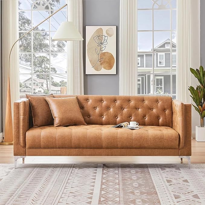 HIFIT 79" W Brown Faux Leather Sofa Couch with 2 Pillows, 3 Seater Couches for Living Room, Handmade Button Tufted Cushions and Metal Legs, Modern Leather Sofa for Apartment, Office