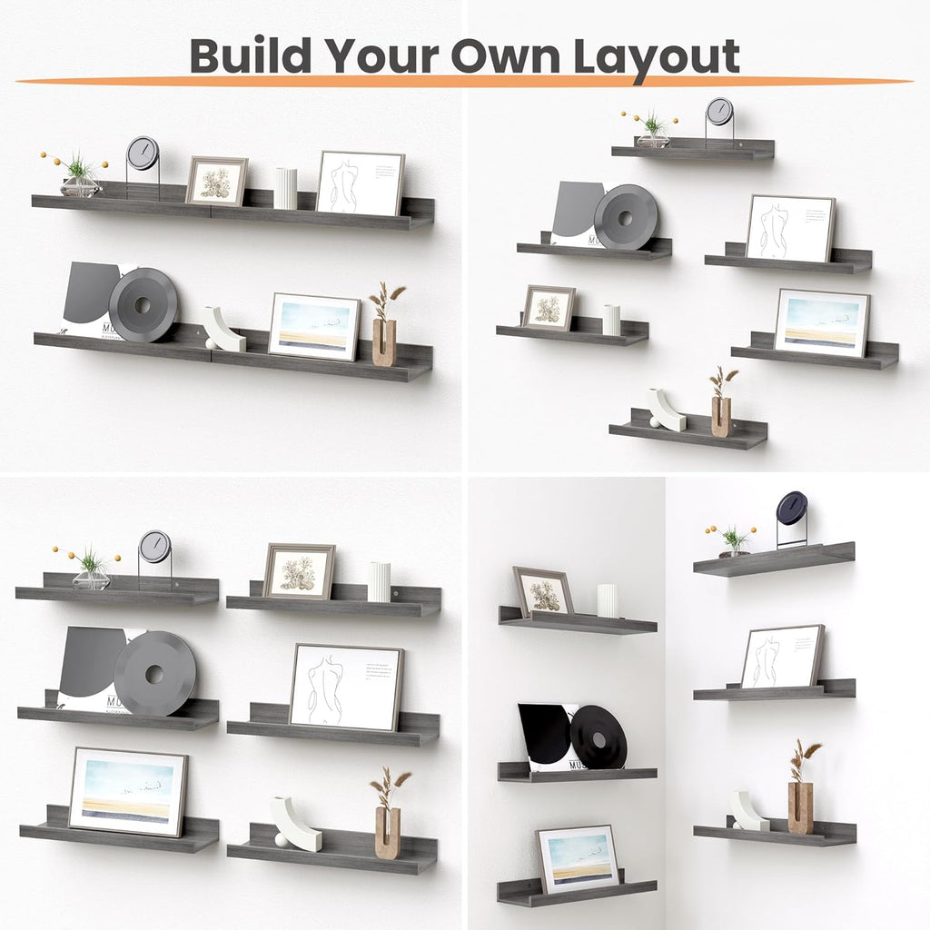 upsimples Floating Shelves for Wall, Wall Shelves for Decor Storage Set of 6, Wall Mounted Wood Shelf for Bedroom, Living Room, Bathroom, Kitchen, Picture Ledge Shelf, Grey