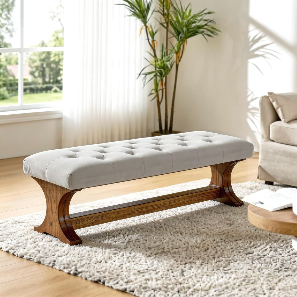 LITTLE TREE 55" Upholstered End of Bed Bench, Solid Wood Tufted Entryway...