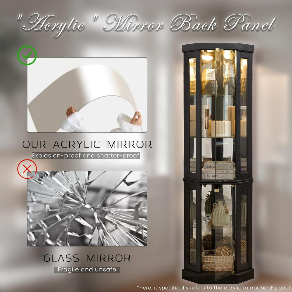 Corner Curio Cabinet, 70" H Lighted Glass Display Cage with Tempered Gla...