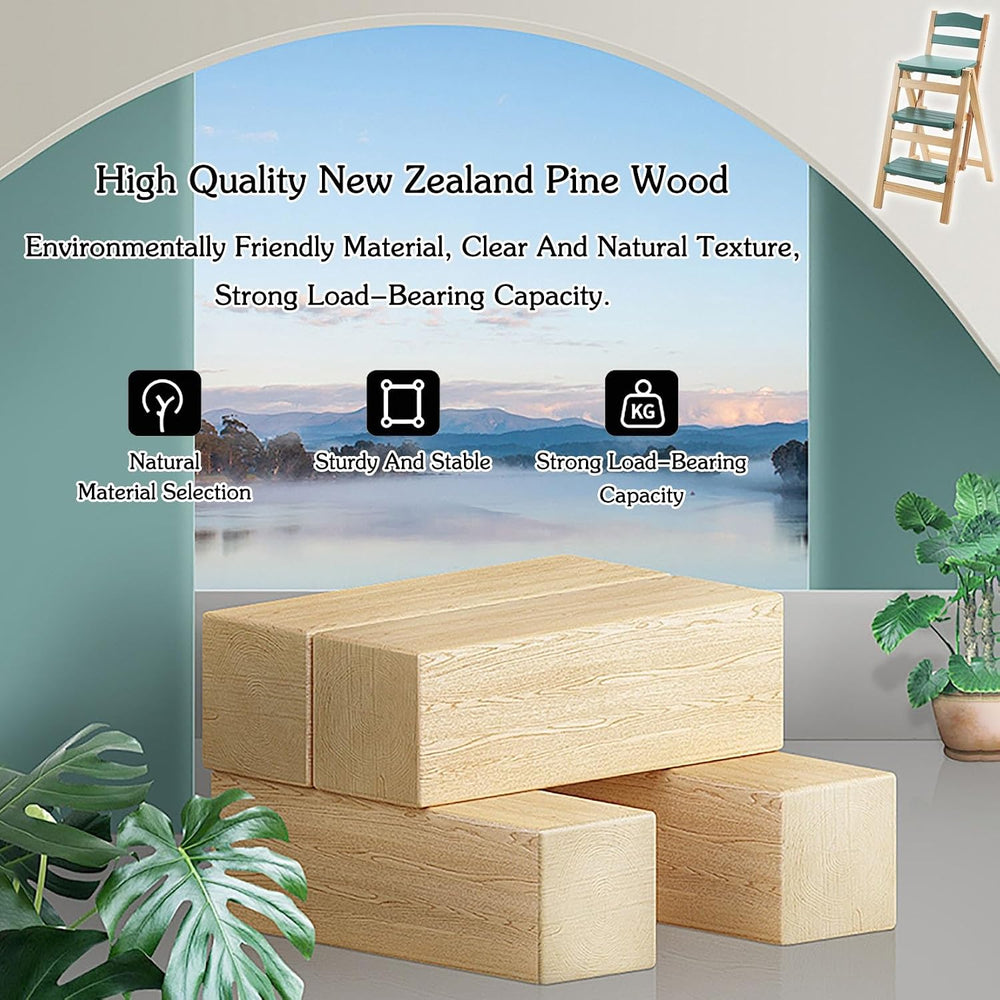 Solid Wood Folding Bar Stool Height Foldable Stool Tall Stool 3 Step Multifun...