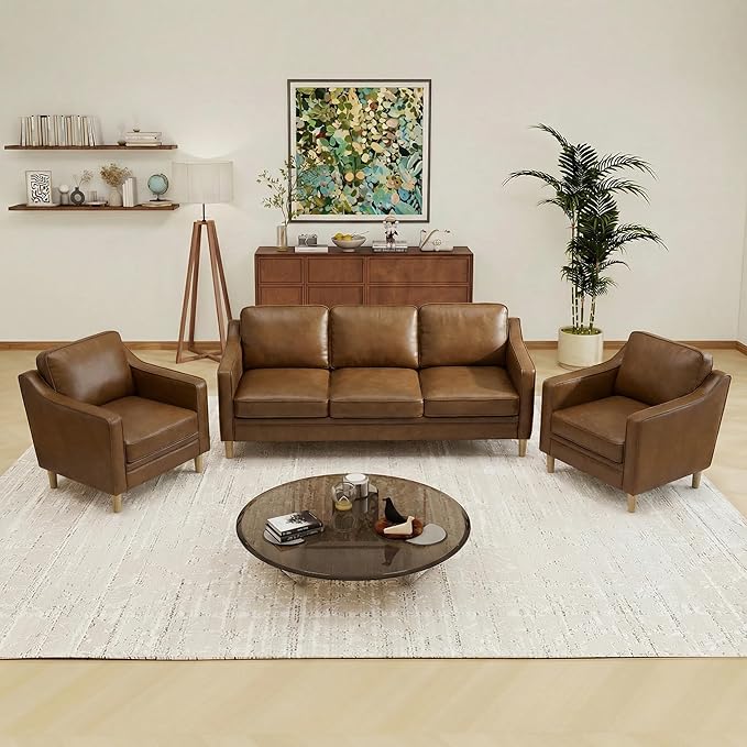 Kingfun Living Room Furniture Sets, 3 Seater Couch and 2 Armchair, Mid Century Modern Sofa Set, Faux Leather Couch with Solid Wood Frame for Living Room & Bedroom, Olive Green