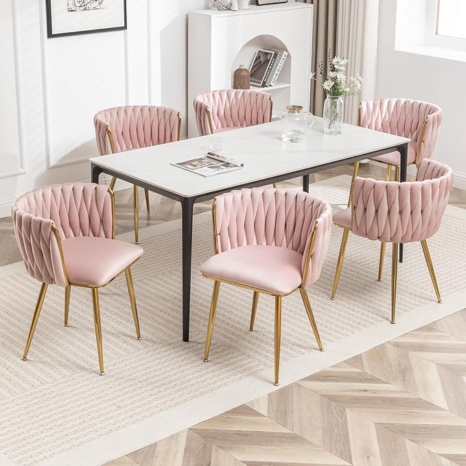 Velvet Dining Chairs Set of 6, Modern Upholstered Dining Chairs with Gold Metal Legs for Dining Room, Vanity, Kitchen, Living Room(Pink)