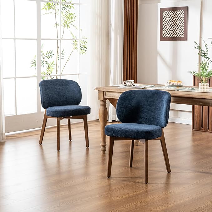 YOUNIKE Dining Chair with Back Single Mid Century Modern Kitchen Chair Boucle Fabric Upholstered Armless Chair 20" Wide Padded Seat with Wooden Legs for Kitchen Dining Living Room Bedroom Navy Blue