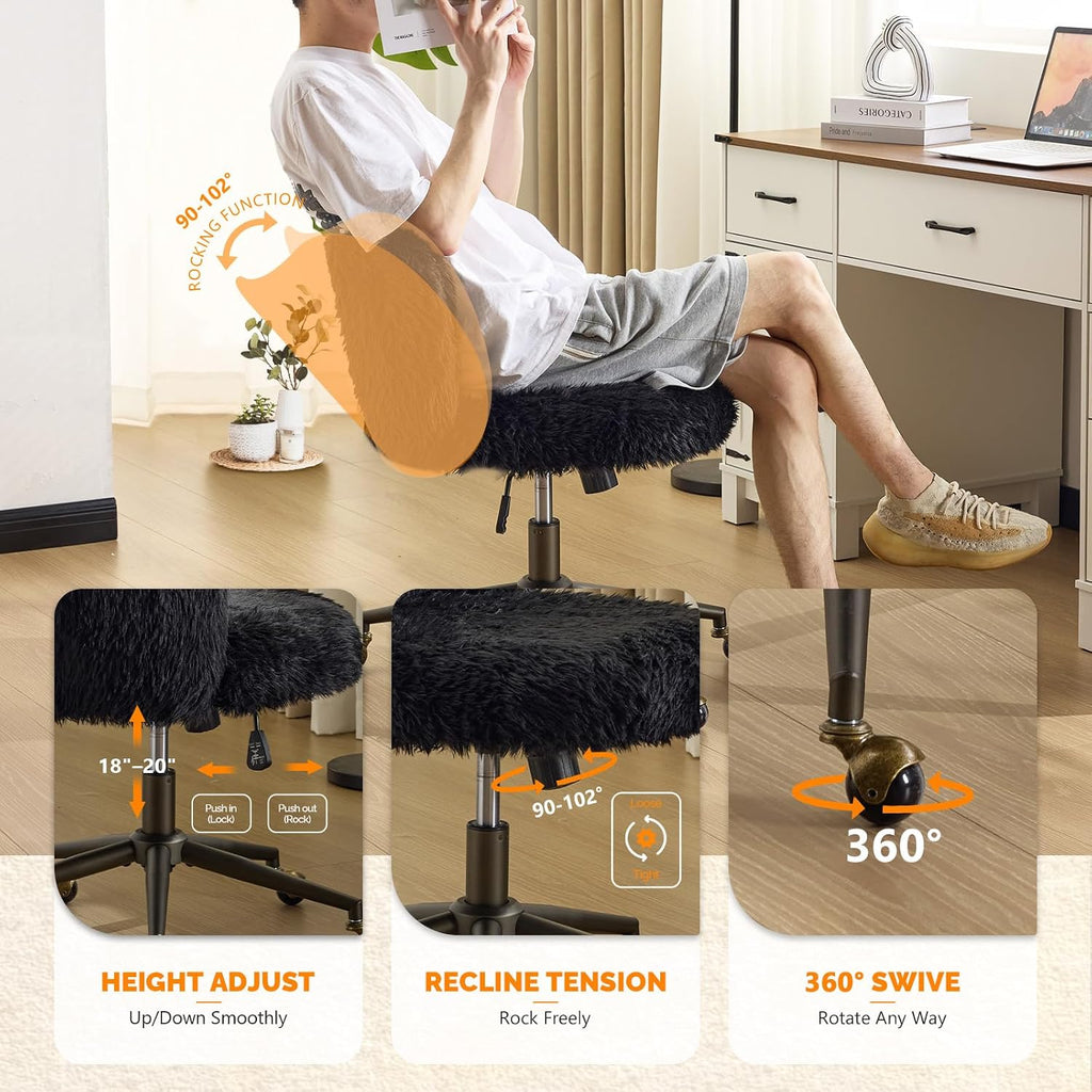 VINGLI Plush Upholstery Vanity Desk Chair with Curved Back & 90-102° Tilt & Adjustable Height, Cute Rolling Chair with Bronze Base & Golden-Bronze 360° Swivel Wheels for Makeup & Home Office, Black