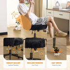 VINGLI Plush Upholstery Vanity Desk Chair with Curved Back & 90-102° Tilt & Adjustable Height, Cute Rolling Chair with Bronze Base & Golden-Bronze 360° Swivel Wheels for Makeup & Home Office, Black