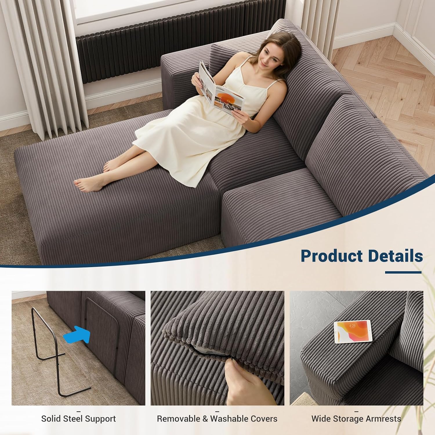 Modular Sectional Sleeper Sofa Couches for Living Room - Modern 110" L-Shaped Boneless Cloud Couch - Easy Assembly, Cozy Corduroy Convertible Full Sponge Compression Sofas for House, Apartment(Grey)