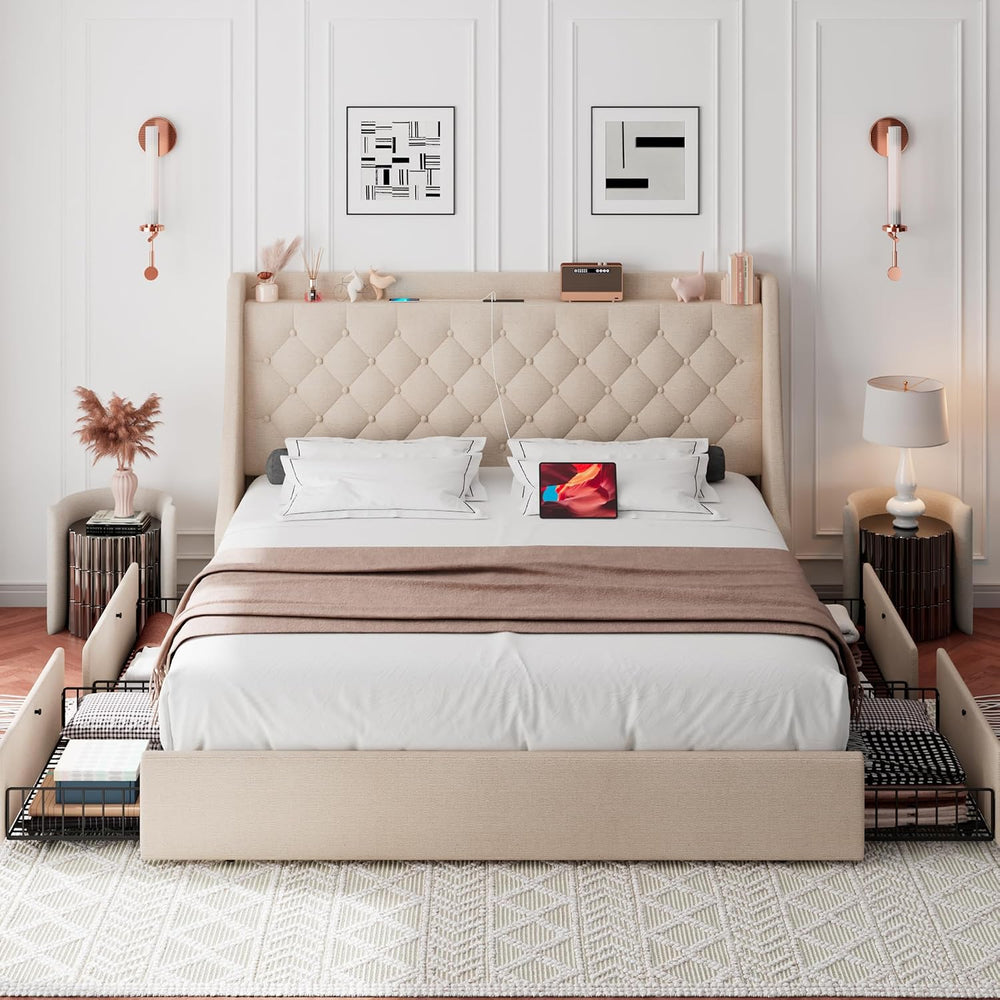 iPormis King Bed Frame with 4 Storage Drawers, Upholstered Platform Bed Frame...