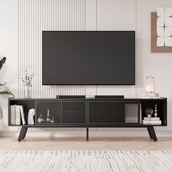 Black Mid Century TV Stand for TVs up to 80" Iron Rattan Entertainment Center with Sliding Door TV Media Console with Adjustable Shelves and 2 Storage Cabinets